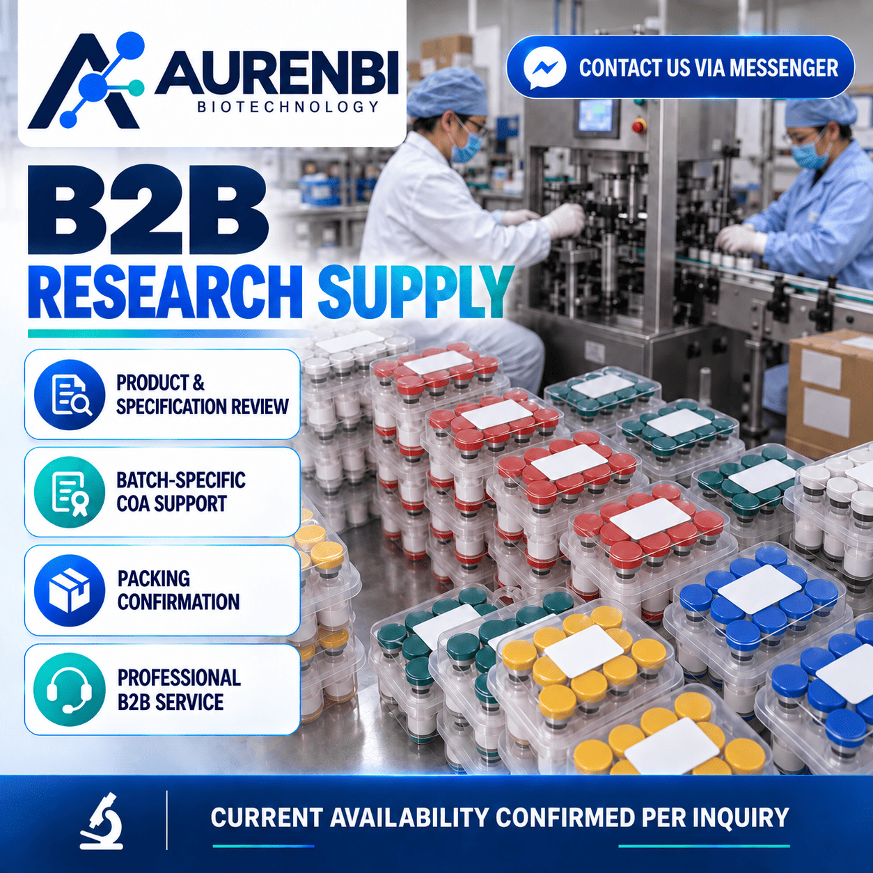 AURENBI production floor with staff and packaged vials