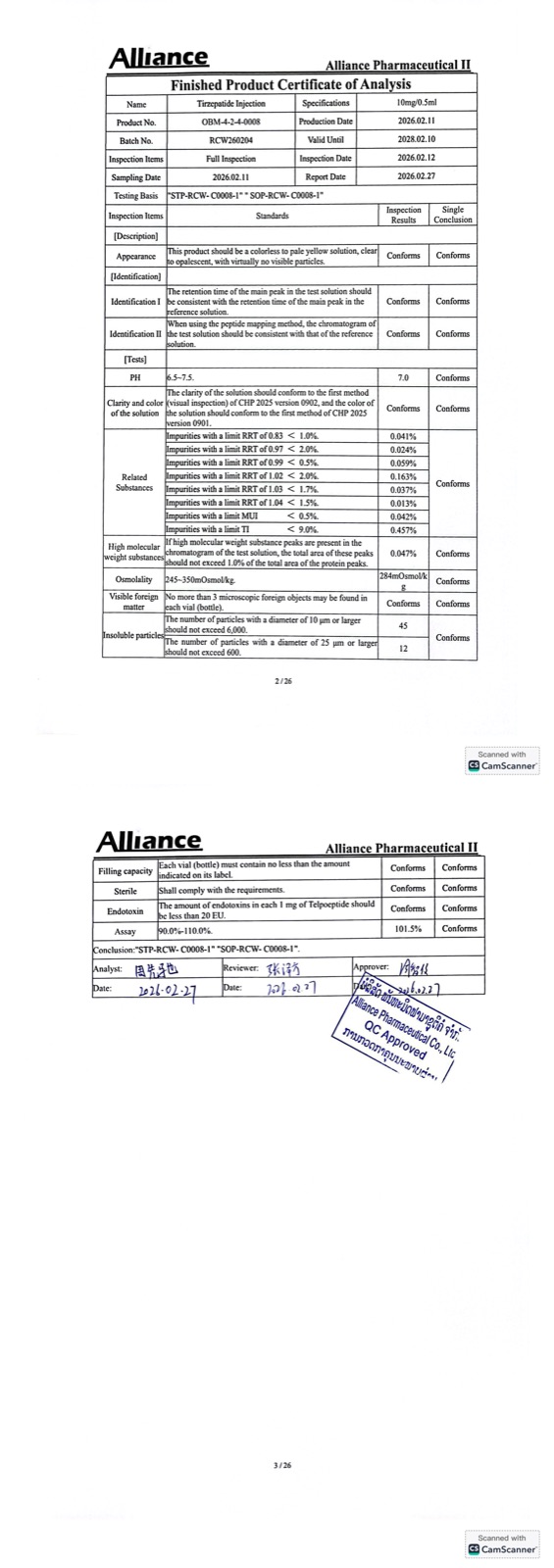Tirzepatide Injection 10 mg per 0.5 ml finished product certificate of analysis preview